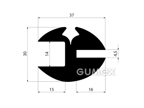 Gumový profil do okien dopravných prostriedkov, 30x37/14/4,5mm, odporúčaný klinkom 00598001, 70°ShA, EPDM, -40°C/+100°C, čierny
